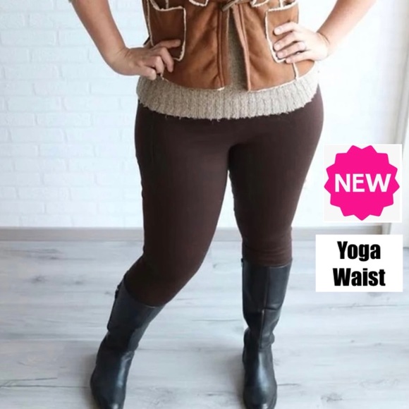 OS/Plus NEW Womens Solid Brown YOGA WAIST Leggings, Buttery Soft Yoga Pants - Picture 2 of 12
